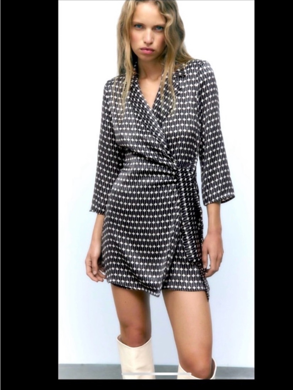 Zara wrap Women's Black & White Wrap Mini Dress with shoulder pads